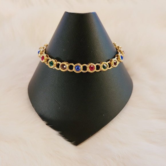 Jewelry - ELegant Colorful Round Rhinestone Link Bracelet Gold Tone Metal 9160